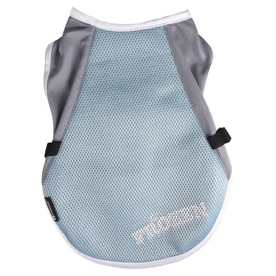 Veste pour chien en tissu mesh gris et bleu clair, inscription visible 'TRIXIE' en bas à droite, deux sangles noires sur les côtés.